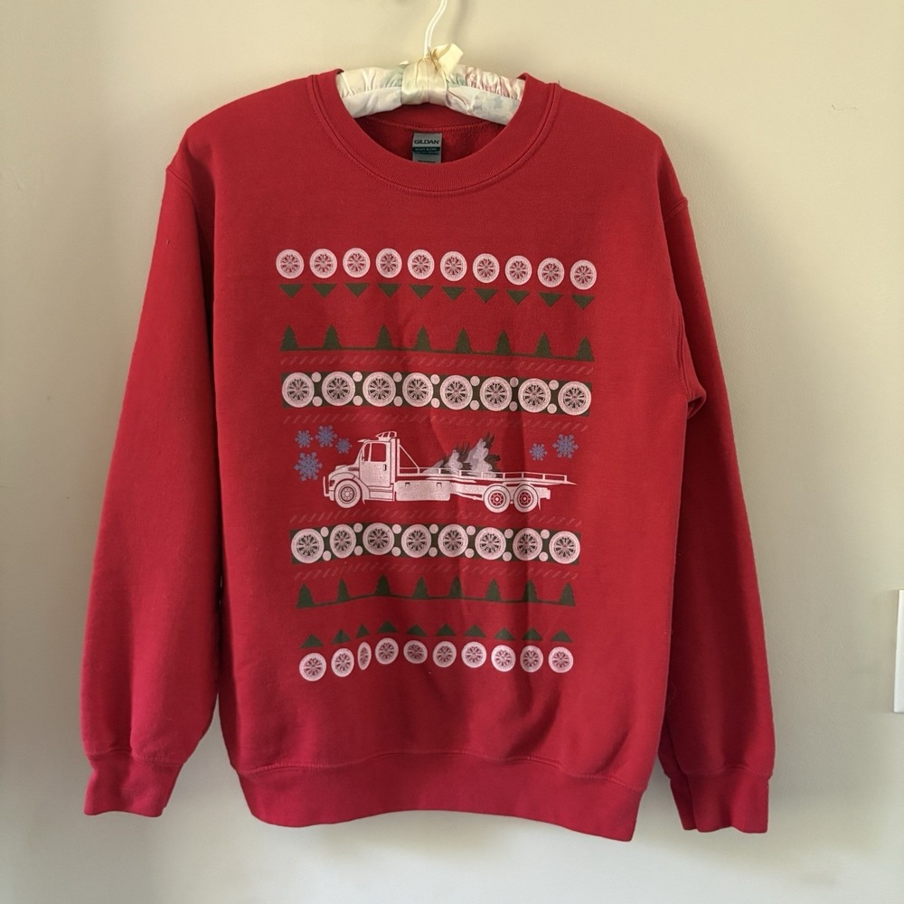 Red Tow Truck Rollback Flatbed Ugly Christmas Sweater Men's Small